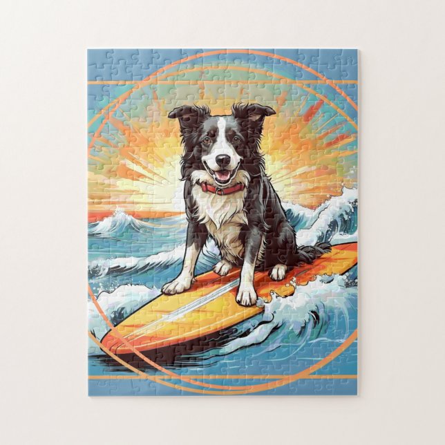 Svart och vit Border Collie som surfar Pussel (Vertikal)