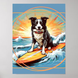Svart och vit Border Collie som surfare Poster