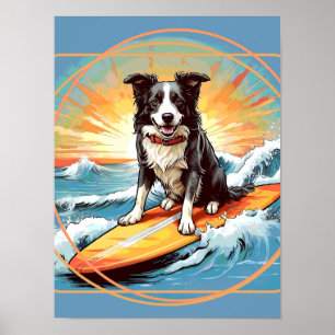 Svart och vit Border Collie som surfare Poster