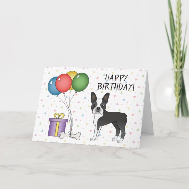 Svart Och Vit Boston Terrier Hund Glad Födelsedag Kort (Framsida)