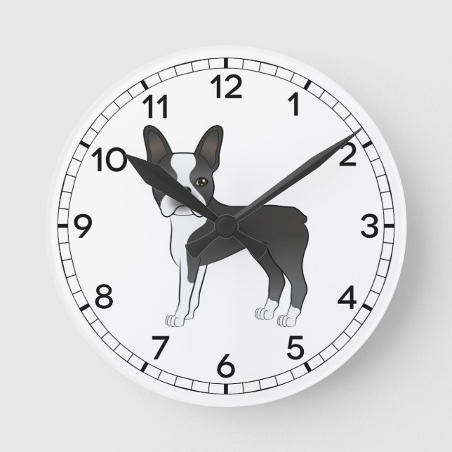 Svart Och Vit Boston Terrier Hund Illustration Rund Klocka (Framsida)
