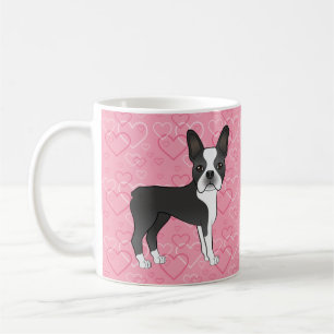 Svart Och Vit Boston Terrier Hund På Rosa Hjärtan Kaffemugg