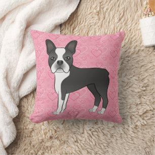 Svart Och Vit Boston Terrier Hund På Rosa Hjärtan Kudde
