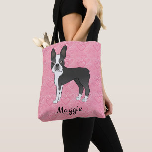 Svart Och Vit Boston Terrier Hund På Rosa Hjärtan Tygkasse
