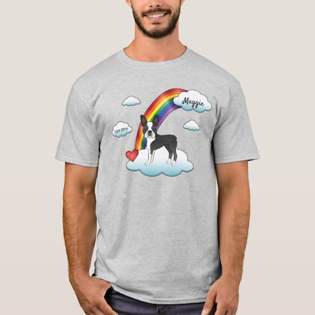 Svart Och Vit Boston Terrier Regnbåge Minnesmärke T Shirt (Framsida)