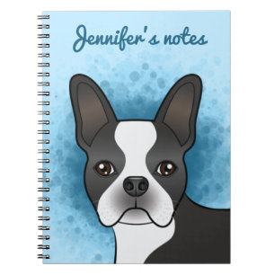 Svart och vit Boston Terrier seriehund på blå bakg Anteckningsbok