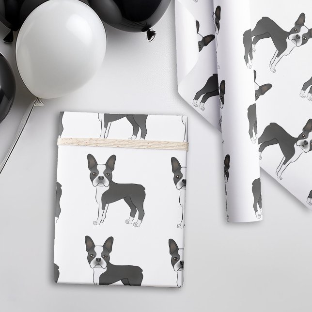Svart Och Vit Boston Terrier Tecknad Hund Mönster Presentpapper (Skapare uppladdad)