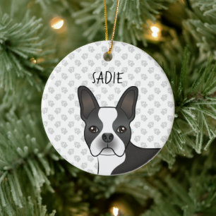 Svart Och Vit Boston Terrier Tecknad Hund & Namn Julgransprydnad Keramik