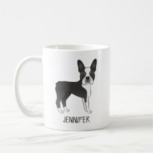 Svart Och Vit Boston Terrier Tecknad Hund & Namn Kaffemugg