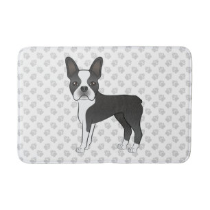 Svart Och Vit Boston Terrier Tecknad Hund & Tassar Badrumsmatta
