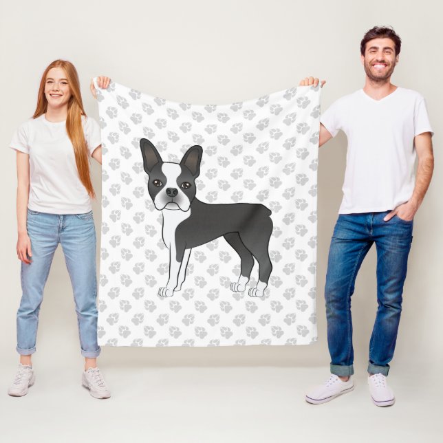 Svart Och Vit Boston Terrier Tecknad Hund & Tassar Fleecefilt (På plats)