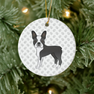 Svart Och Vit Boston Terrier Tecknad Hund & Tassar Julgransprydnad Keramik