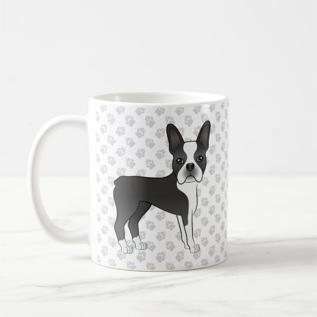 Svart Och Vit Boston Terrier Tecknad Hund & Tassar Kaffemugg (Vänster)
