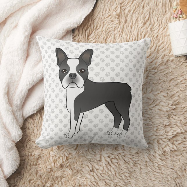 Svart Och Vit Boston Terrier Tecknad Hund & Tassar Kudde (Filt)