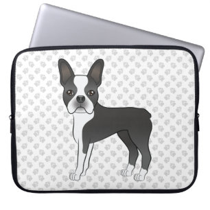 Svart Och Vit Boston Terrier Tecknad Hund & Tassar Laptop Fodral