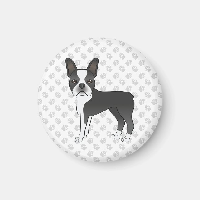 Svart Och Vit Boston Terrier Tecknad Hund & Tassar Magnet (Framsidan)