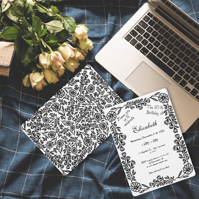 Svart och vit botanisk blomster-30-årsdag inbjudningar (Skapare uppladdad)