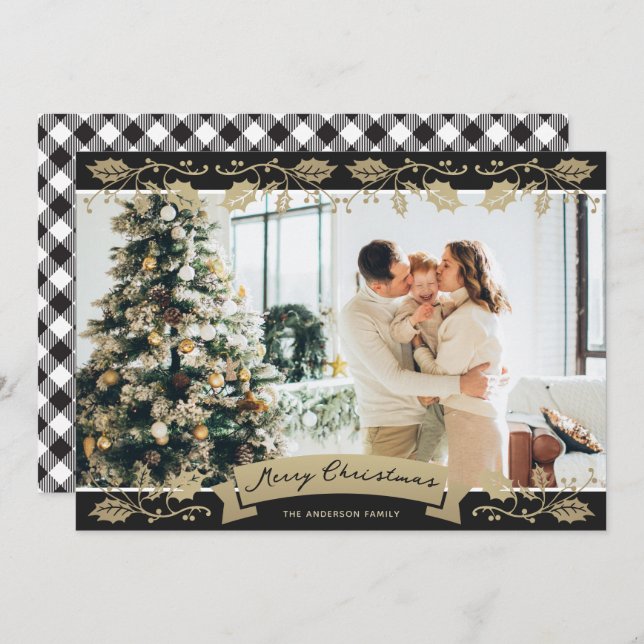 Svart och vit botaniskt foto-jul julkort (Fram/baksida)