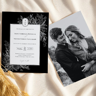 Svart och Vit Bröllopsmonogram med Växter Foto Inbjudningar