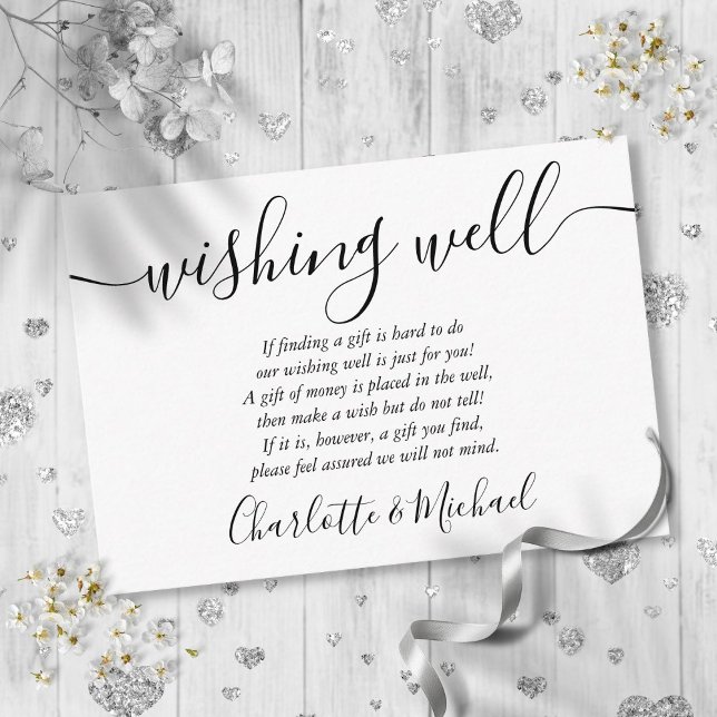Svart och vit bröllöpsönskebrunns-hälsning tilläggskort (Black And White Wishing Well Wedding Enclosure Card)
