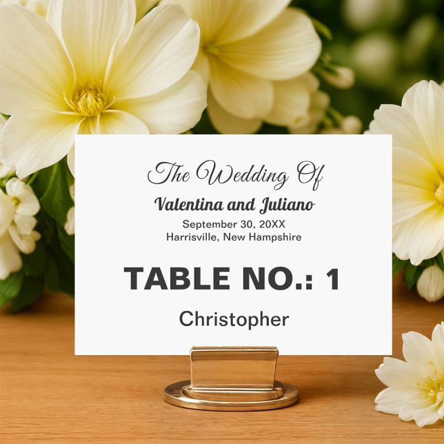 Svart och vit bröllopsplatskort bordsnummer (Typography style black and white wedding place card as table number)