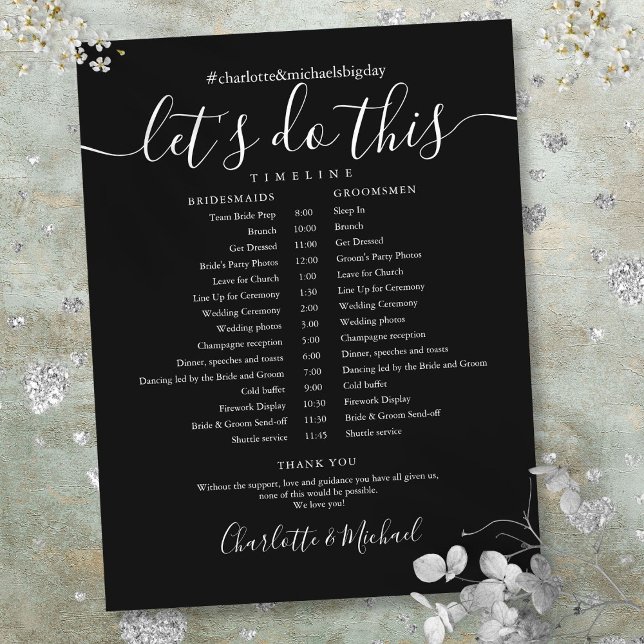 Svart och vit bröllopsschema Tidslinje (Black And White Wedding Schedule Timeline)