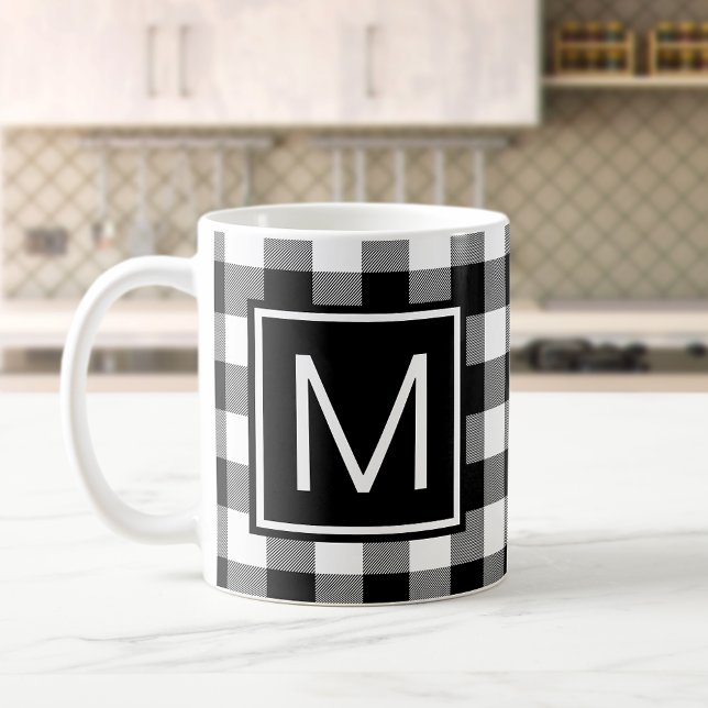 Svart och vit Buffalo-rutig med monogram Kaffemugg (Skapare uppladdad)