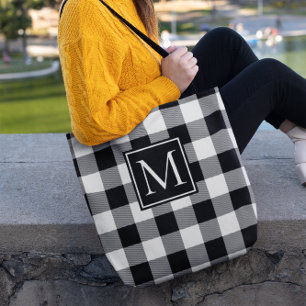 Svart och vit Buffalo-rutig med monogram Tygkasse