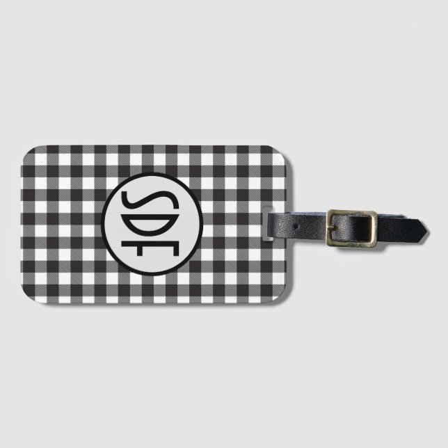 Svart och vit Buffalo-rutig trendig med monogram Bagagebricka (Framsida horisontal)