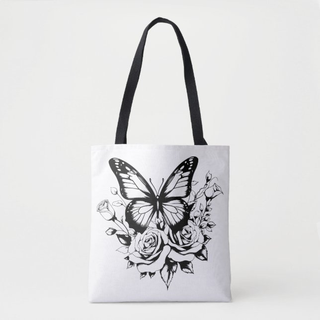 Svart och vit butterfly Bag Tygkasse (Framsida)
