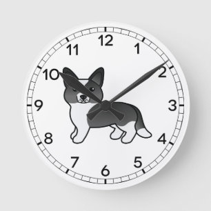 Svart och vit Cardigan Welsh Corgi Tecknad Hund Rund Klocka