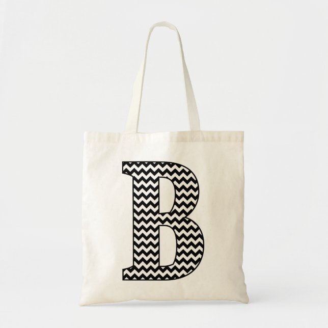 Svart och vit Chevron "B" Monogram Tote Bag Tygkasse (Framsidan)