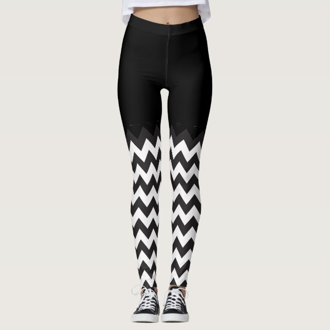 Svart och vit Chevron Blocking mönster Leggings (Framsida)