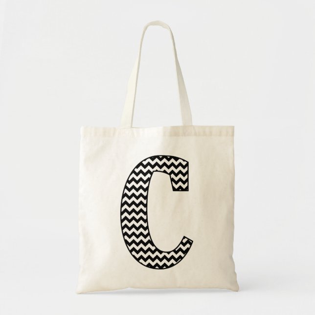 Svart och vit Chevron "C" Monogram Tote Bag Tygkasse (Framsidan)