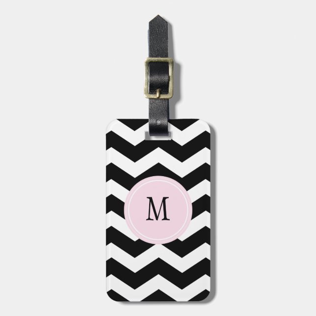 Svart och vit Chevron Monogram Luggage Tag Bagagebricka (Vertikal Framsida)