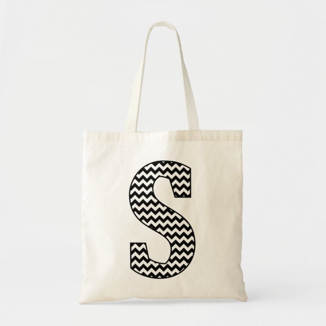 Svart och vit Chevron "S" Monogram Tote Bag Tygkasse (Framsidan)