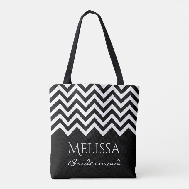 Svart och vit chevron zig zag rand-bridesmaskar tygkasse (Baksida)