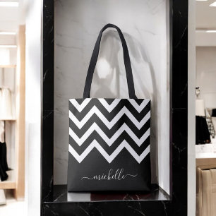 Svart och vit Chevrons med Monogram Tygkasse
