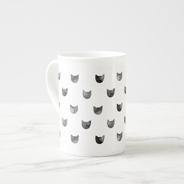 Svart och vit chic söt kattmönster benporslin mugg (Framsida vänster)