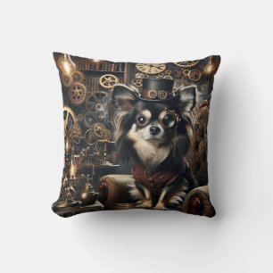 Svart och vit Chihuahua Steampunk, långfärgad Kudde