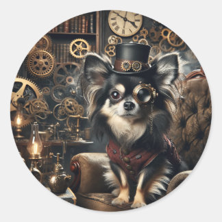 Svart och vit Chihuahua Steampunk, långfärgad Runt Klistermärke