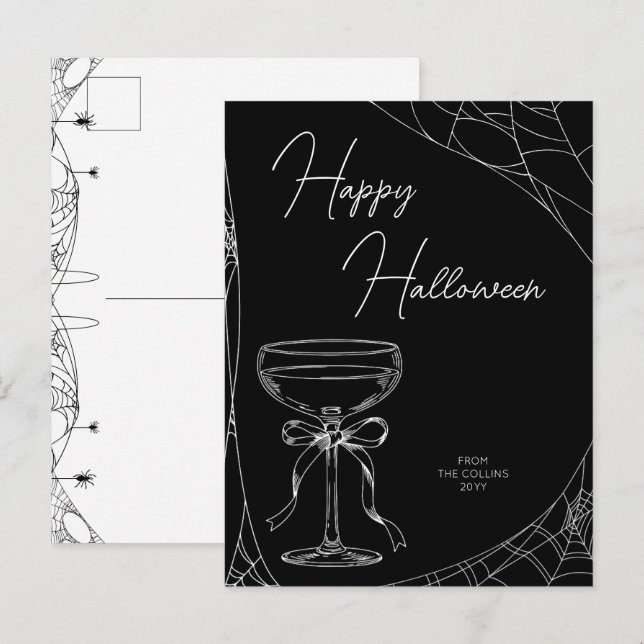 Svart och vit cocktailbåge vuxen god halloween helg vykort (Fram/baksida)