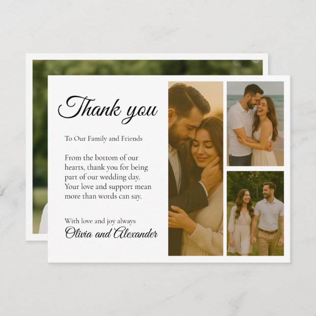 Svart och vit Collage Bröllop Tacksamhet Kort (Fram/baksida)