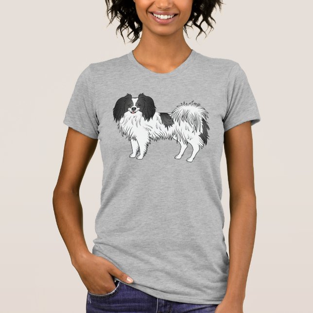 Svart och vit Cute Phalène-Hund med leende Ansikte T Shirt (Framsida)