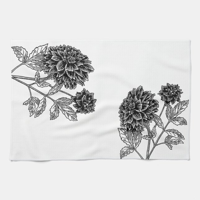 Svart och vit Dahlia Kökshandduk (Horisontell)