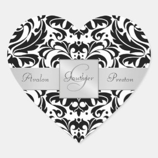 Svart och vit Damask Heart Bröllop Sticker Hjärtformat Klistermärke