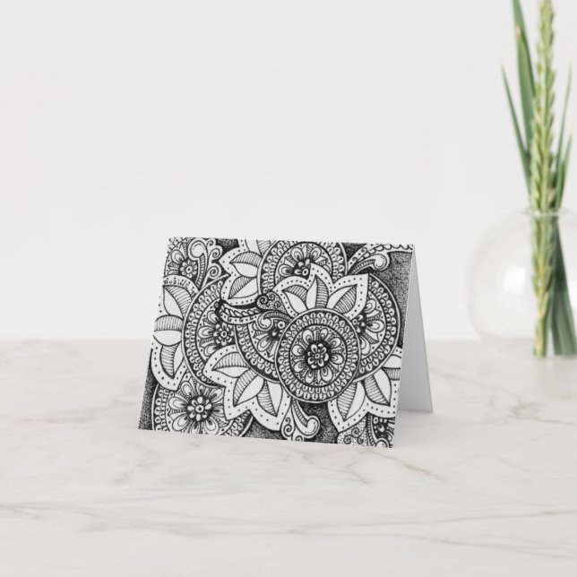 Svart och Vit Damask Indisk Mandala Tack Kort (Framsida)