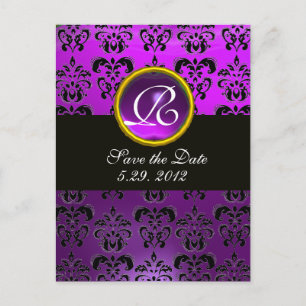 SVART OCH VIT DAMASK Lila Ametist Monogram Meddelande Vykort