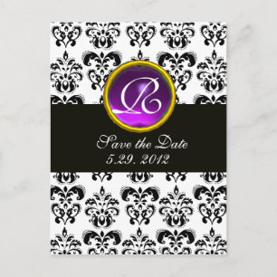 SVART OCH VIT DAMASK Lila Ametist Monogram Meddelande Vykort