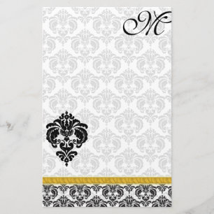 Svart och vit Damask Monogram Guld Ribbon Brevpapper